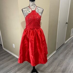 Elegant Red Lace Halter Womens Dress